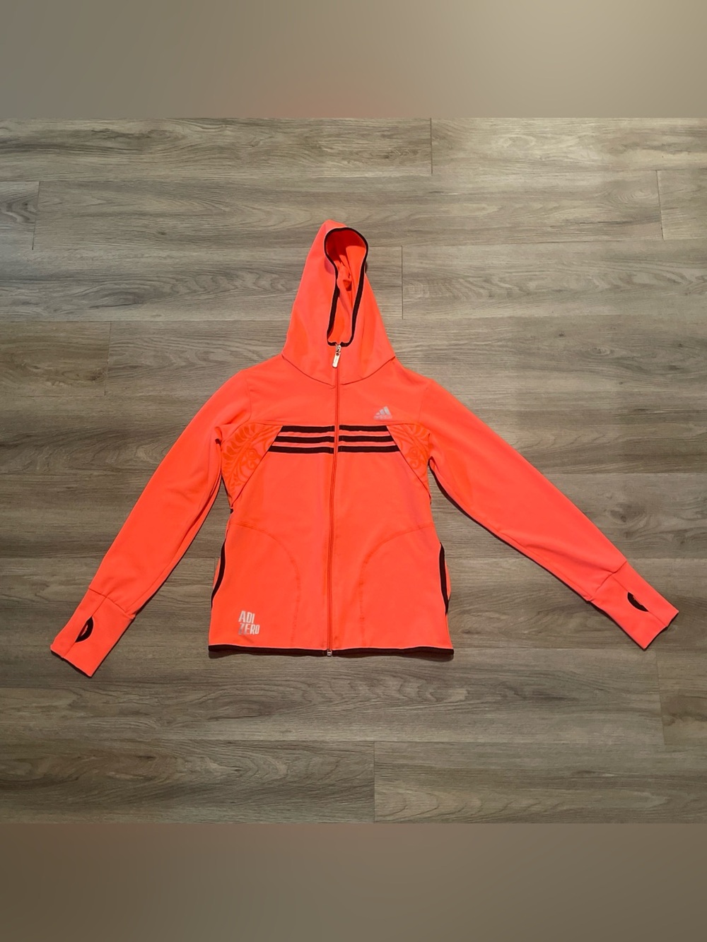 adidas Neon Coral Hooded Zip Jacket with Black Stripes